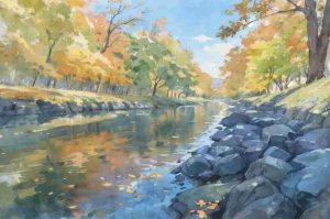 River flows between Forest